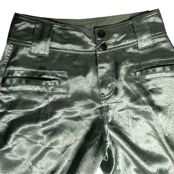 NEW Free People Ryder Pants Metallic Silver Satin Moto Crop Vegan Shiny Green 0 - Picture 7 of 13